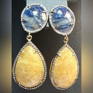 Gold Over Sterling 925 Blue & Yellow Quartz Drop Earrings Halo Statement